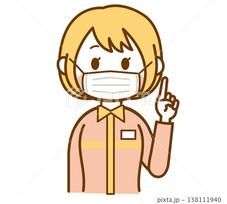 マスクをしているコンビニの制服を着た女性店員のイラスト 138111940