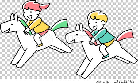 一個女孩和一個男孩騎著一匹小馬駒 138112465