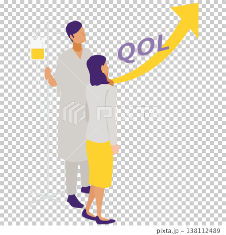A medical illustration depicting a woman comforting a hospitalized patient, expressing her wish for an improvement in their quality of life (QOL). A medical illustration depicting a woman comforting a hospitalized patient, expressing her wish for an improvement in their quality of life (QOL). 138112489