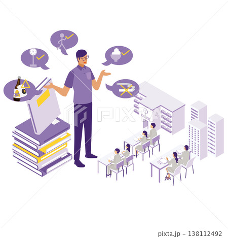 学校やオフィスで生活習慣の改善を指導する講師のアイソメトリックイラスト 138112492