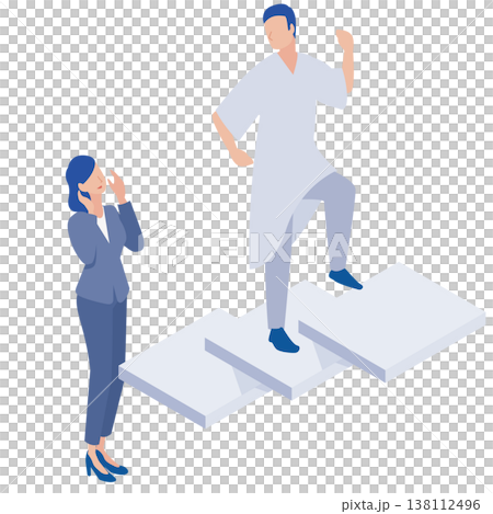 階段を上りリハビリの成果を実感する患者と見守る女性のアイソメトリックイラスト 階段を上りリハビリの成果を実感する患者と見守る女性のアイソメトリックイラスト 138112496