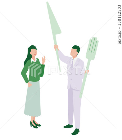 巨大なナイフとフォークを掲げて食育や調理の重要性を伝える男女のアイソメトリックイラスト 138112503