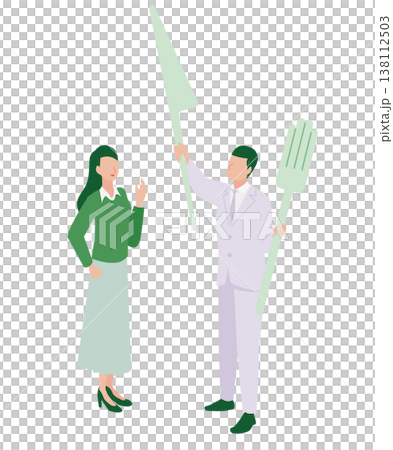 巨大なナイフとフォークを掲げて食育や調理の重要性を伝える男女のアイソメトリックイラスト 138112503