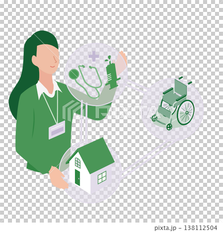 Isometric illustration of a professional who connects medical care, nursing care, and housing to support community-based integrated care. Isometric illustration of a professional who connects medical care, nursing care, and housing to support community-based integrated care. 138112504