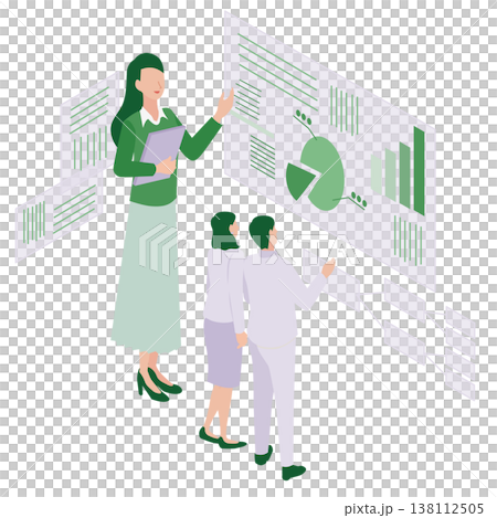 An isometric illustration of a team analyzing pie charts and statistical data on a giant display to formulate a strategy. An isometric illustration of a team analyzing pie charts and statistical data on a giant display to formulate a strategy. 138112505