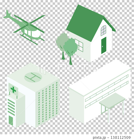 ドクターヘリ・病院・住宅を繋ぐ地域医療連携システムをイメージしたアイソメトリックイラスト ドクターヘリ・病院・住宅を繋ぐ地域医療連携システムをイメージしたアイソメトリックイラスト 138112509