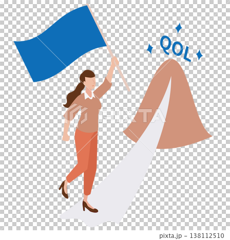 QOL（生活の質）向上という目標の頂へ向かって旗を掲げ進む女性のアイソメトリックイラスト 138112510