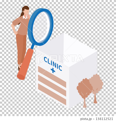 一幅等距插圖，描繪了一位女士使用巨型放大鏡查看當地診所和醫療機構的資訊。 138112521