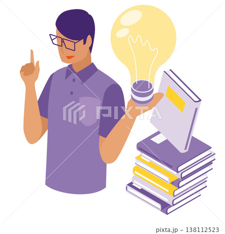 積み上げられた書籍と輝く電球を手に専門知識から新たなアイデアを閃く男性のアイソメトリックイラスト 138112523