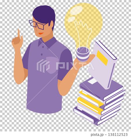 積み上げられた書籍と輝く電球を手に専門知識から新たなアイデアを閃く男性のアイソメトリックイラスト 138112523