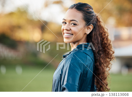 Woman, training and portrait in field, smile and excited for running, fitness or wellness in summer. Sports girl, happy and outdoor for exercise, workout or health for athlete development in sunshine Woman, training and portrait in field, smile and excited for running, fitness or wellness in summer. Sports girl, happy and outdoor for exercise, workout or health for athlete development in sunshine 138113008