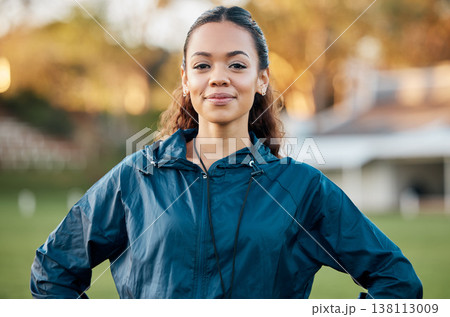 Coach, sports and portrait of woman on field with confidence for training, planning and game strategy. Happy, pride and personal trainer outdoors for exercise, workout schedule and fitness routine Coach, sports and portrait of woman on field with confidence for training, planning and game strategy. Happy, pride and personal trainer outdoors for exercise, workout schedule and fitness routine 138113009