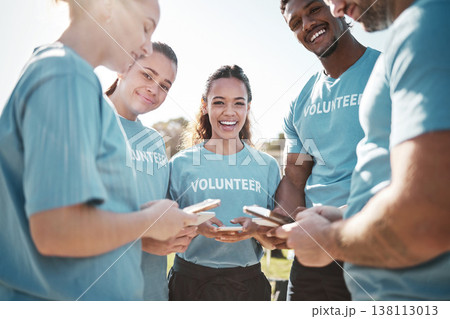 Volunteer team, phone and portrait of people in park for social media, online chat or charity website update. Community service, teamwork and happy group on smartphone for cleaning or recycle outdoor Volunteer team, phone and portrait of people in park for social media, online chat or charity website update. Community service, teamwork and happy group on smartphone for cleaning or recycle outdoor 138113013