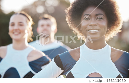 Smile, fitness and a cheerleader group outdoor together for support, motivation or competition in summer. Face, health and wellness with a sports team at an event in a park or on a field of grass Smile, fitness and a cheerleader group outdoor together for support, motivation or competition in summer. Face, health and wellness with a sports team at an event in a park or on a field of grass 138113080