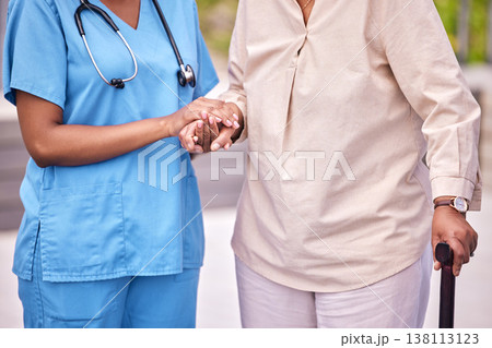 People, hand and holding of elderly for assistance with mobility, support or health with walking. Diverse, women or person with caregiver in hospital, clinic or nursing home in retirement for checkup People, hand and holding of elderly for assistance with mobility, support or health with walking. Diverse, women or person with caregiver in hospital, clinic or nursing home in retirement for checkup 138113123