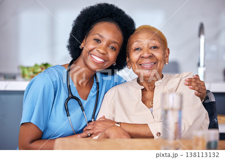 Portrait, smile and assisted living caregiver with an old woman in a retirement home together. Healthcare, support or community with a happy nurse or volunteer and senior patient hugging in a house 138113132