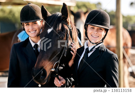 Equestrian women, friends and horse in portrait, smile and outdoor for sports, training and workout for show. Girl team, animal and happy at farm, stable and together for race, competition or games 138113158