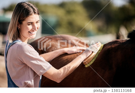 Horse, grooming and woman with brush on ranch for animal care, farm pet and cleaning in countryside. Farming, happy and person with stallion brushing mane for wellness, healthy livestock and hygiene 138113168