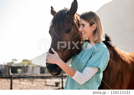 Horse doctor, care and hug outdoor at farm for health, smile and happy with love for animal in nature. Vet, woman and equine healthcare expert in sunshine, countryside and helping for wellness Horse doctor, care and hug outdoor at farm for health, smile and happy with love for animal in nature. Vet, woman and equine healthcare expert in sunshine, countryside and helping for wellness 138113181