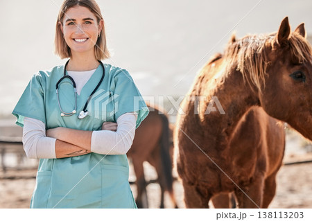 Horse doctor, portrait and woman with smile outdoor at farm for health, care or happy for love, animal or nature. Vet, nurse and equine healthcare expert in sunshine, countryside or help for wellness Horse doctor, portrait and woman with smile outdoor at farm for health, care or happy for love, animal or nature. Vet, nurse and equine healthcare expert in sunshine, countryside or help for wellness 138113203