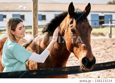 Horse doctor, care and smile at farm for health, care or happy with love for animal in nature. Vet, woman and stroke for equine healthcare expert in sunshine, countryside or help for wellness outdoor 138113214