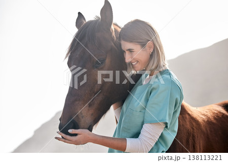 Horse doctor, care and smile outdoor at farm for health, care or happy with love for animal in nature. Vet, woman and equestrian healthcare expert in sunshine, countryside and helping for wellness 138113221