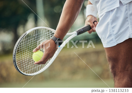 Hands of man, ball and racket for tennis, training and workout for healthy body, wellness and practice action. Sports, match and athlete ready to serve for exercise in competition, game or fitness 138113233
