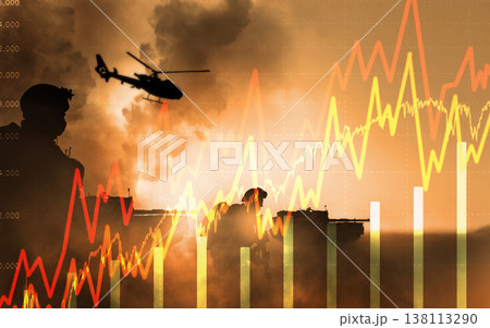 War, finance chart and double exposure for trading, tank or helicopter for soldier on battlefield. Global conflict, stock market and currency crash for sanction, explosion or smoke in Ukraine warzone War, finance chart and double exposure for trading, tank or helicopter for soldier on battlefield. Global conflict, stock market and currency crash for sanction, explosion or smoke in Ukraine warzone 138113290