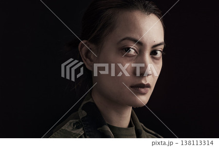 Portrait, soldier and face by black background for mental health with frustration, anxiety and depression. Mockup, Korean veteran and hero with trauma, ptsd and treatment for insomnia for memory 138113314