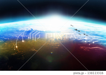 Nuclear missile, earth and war from space, Ukraine and Russia flag with overlay, apocalypse and conflict. Atom bomb, explosion or drone strike with planet, global fight and warzone in aerial view Nuclear missile, earth and war from space, Ukraine and Russia flag with overlay, apocalypse and conflict. Atom bomb, explosion or drone strike with planet, global fight and warzone in aerial view 138113316