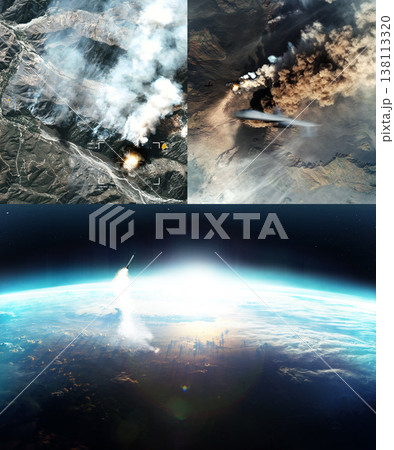 Missile launch, earth and aerial view from space for war, bomb and global conflict in apocalypse. Rocket, nuclear weapon and drone strike from army, military and warzone with explosion on landscape 138113320