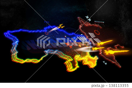 War, map of Ukraine and Russia in military conflict, geopolitical crisis and fight. Battle, politics and violence of countries in Europe, Moscow and Kyiv in 3d illustration of jet, bombs or missile 138113355
