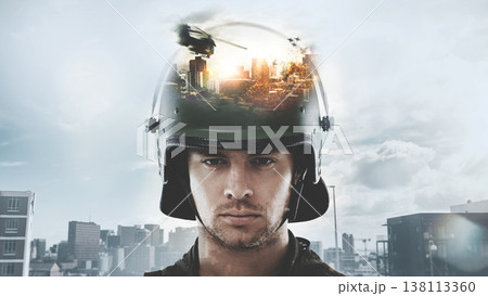 Soldier man, army and double exposure for war, city and helicopter with explosion, sad and stress in portrait. Warrior, hero and military service agent in helmet, bomb and warzone in Ukraine conflict Soldier man, army and double exposure for war, city and helicopter with explosion, sad and stress in portrait. Warrior, hero and military service agent in helmet, bomb and warzone in Ukraine conflict 138113360