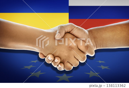 Handshake, Ukraine and Russia flag with peace agreement, respect and solution for conflict in Europe. People, shaking hands and yes in negotiation, vote or stop war for future, military or government Handshake, Ukraine and Russia flag with peace agreement, respect and solution for conflict in Europe. People, shaking hands and yes in negotiation, vote or stop war for future, military or government 138113362