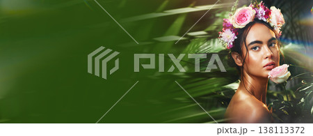 Portrait, beauty and flower crown with a woman on space for natural wellness, green or organic skincare. Face, nature or rose with a confident young model on a banner or mockup for cosmetic marketing 138113372