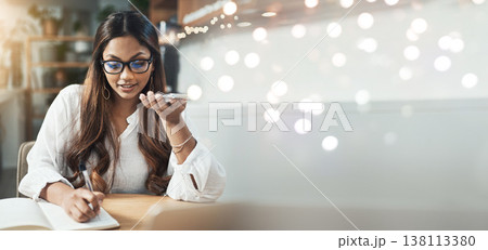 Business, banner and woman with phone call, writing and notebook with speaker, connection and conversation. Person, entrepreneur and freelancer with communication, smartphone and app with planning 138113380