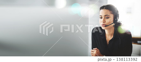 Business woman, call center and computer for communication mockup, customer service or support consultant. Professional agent or telecom worker talking on desktop for contact us or e commerce banner 138113392