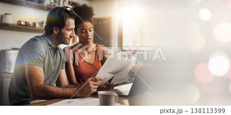 Laptop, space and an interracial couple in their home for budget planning or finance investment accounting. Documents, mockup or banner with a man and woman reading bank information for savings 138113399