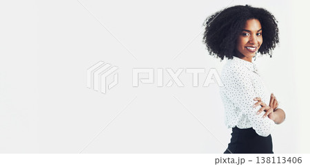 Happy, banner and portrait of businesswoman in studio with empty space for marketing or advertising. Smile, pride and professional female lawyer from Colombia isolated by white background with mockup Happy, banner and portrait of businesswoman in studio with empty space for marketing or advertising. Smile, pride and professional female lawyer from Colombia isolated by white background with mockup 138113406