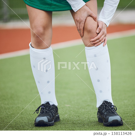 Sports, injury and legs of woman on field, grass or athlete walking with joint pain in soccer, accident or game. Medical, emergency and person with knee problem, ache or sore tendinitis and arthritis Sports, injury and legs of woman on field, grass or athlete walking with joint pain in soccer, accident or game. Medical, emergency and person with knee problem, ache or sore tendinitis and arthritis 138113426