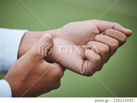 Hands, wrist pain or woman athlete with injury after exercise, sports training or workout accident. Closeup, injured player or girl with fibromyalgia, tendinitis or broken bone inflammation on field 138113435