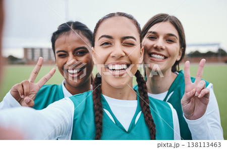 Sports selfie, girl team and peace sign on field for memory, competition and portrait for fitness. Women group, photography and wink on social network with emoji, v icon and diversity for hockey game 138113463