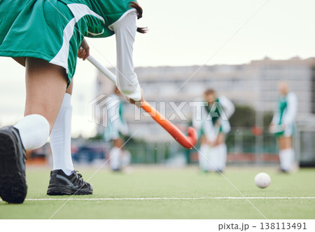 Field, hockey and woman running in game, tournament or competition with ball, stick and team on artificial grass. Sports, team and women play in training, exercise or workout with teamwork on ground 138113491