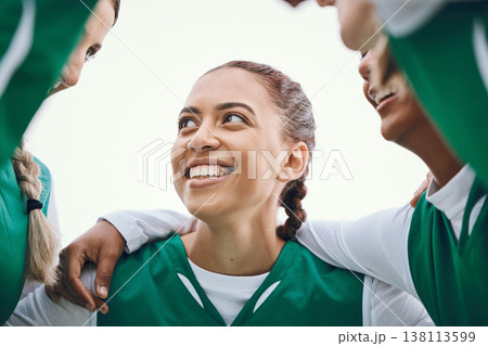 Happy, woman and team huddle in sport, game or conversation on field for advice match in soccer competition. Football player, group or support in exercise, workout or training collaboration together Happy, woman and team huddle in sport, game or conversation on field for advice match in soccer competition. Football player, group or support in exercise, workout or training collaboration together 138113599
