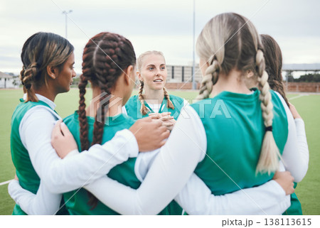 Sport, women and team in circle for meeting, solidarity and diversity on field outdoor in nature. Hockey, girls and hug for unity, teamwork and game discussion with happiness and collaboration Sport, women and team in circle for meeting, solidarity and diversity on field outdoor in nature. Hockey, girls and hug for unity, teamwork and game discussion with happiness and collaboration 138113615