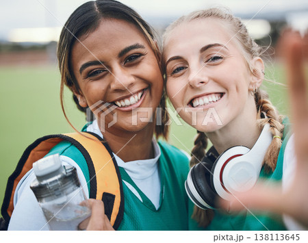 Selfie, portrait or hockey team in a game with support in sports training, exercise or fitness workout. Women, teamwork or happy people in a social media picture or group photo with smile in a match 138113645