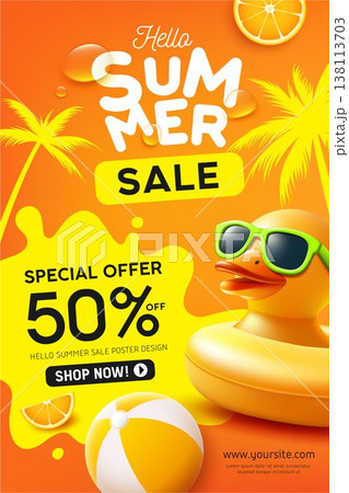 Summer sale, Yellow rubber duck, Coconut palm silhouette design poster on orange background 138113703