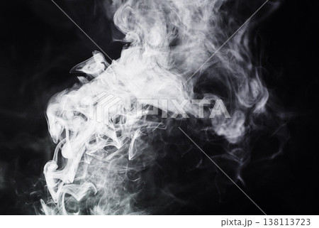 Smoke, white effect and black background with creative texture, mockup and abstract art, pattern or gas design. Cloud of cigarette, smoking and fog in air, wind or dry ice in empty or dark wallpaper 138113723