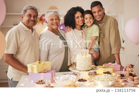 Family, birthday party and generations in portrait, celebration with cake and grandparents, parents and child with smile. Special event, dessert and people at home with bakery food, happy and fun Family, birthday party and generations in portrait, celebration with cake and grandparents, parents and child with smile. Special event, dessert and people at home with bakery food, happy and fun 138113756