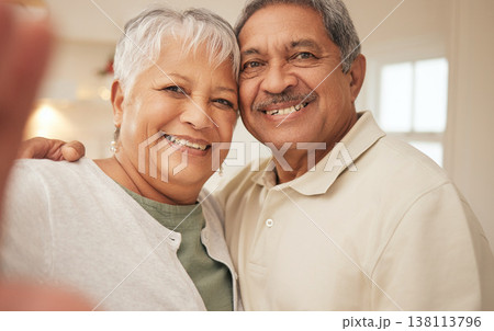 Selfie, smile and senior couple in home with love, support and portrait of marriage in retirement together. Digital photography, face of happy man and old woman in apartment to post on social media. Selfie, smile and senior couple in home with love, support and portrait of marriage in retirement together. Digital photography, face of happy man and old woman in apartment to post on social media. 138113796
